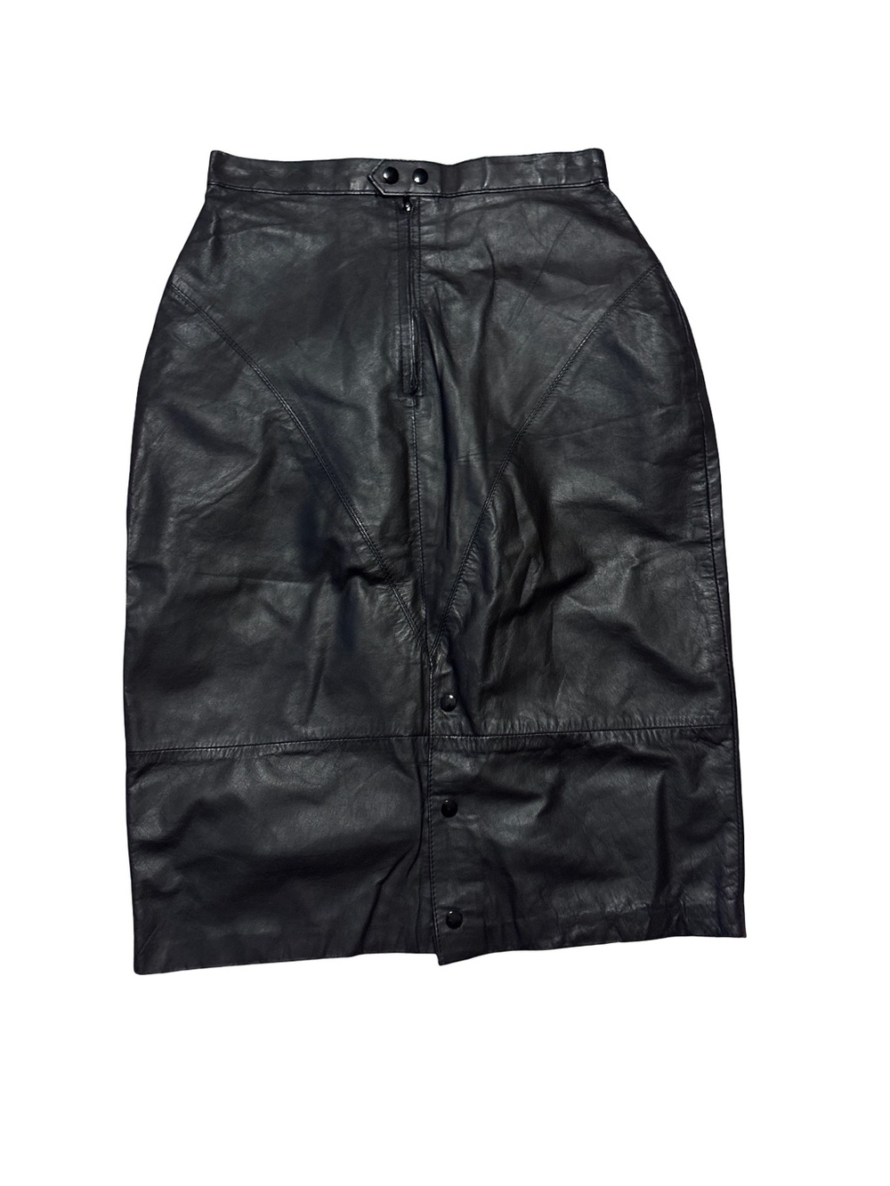 Learsi Vintage Black Leather Pencil Skirt with Front Snap Detail